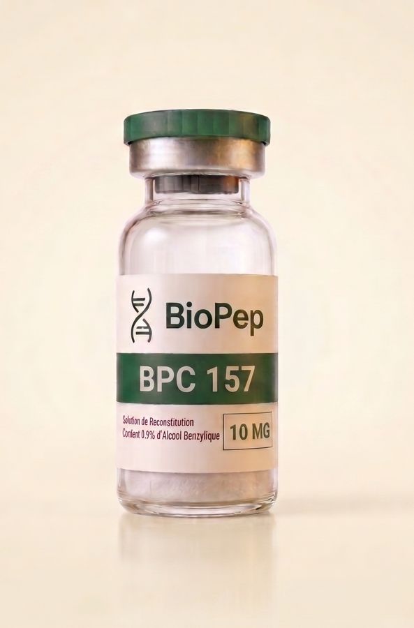 Flacon BPC-157 10mg BioPep, étiquette verte, pureté HPLC ≥98%