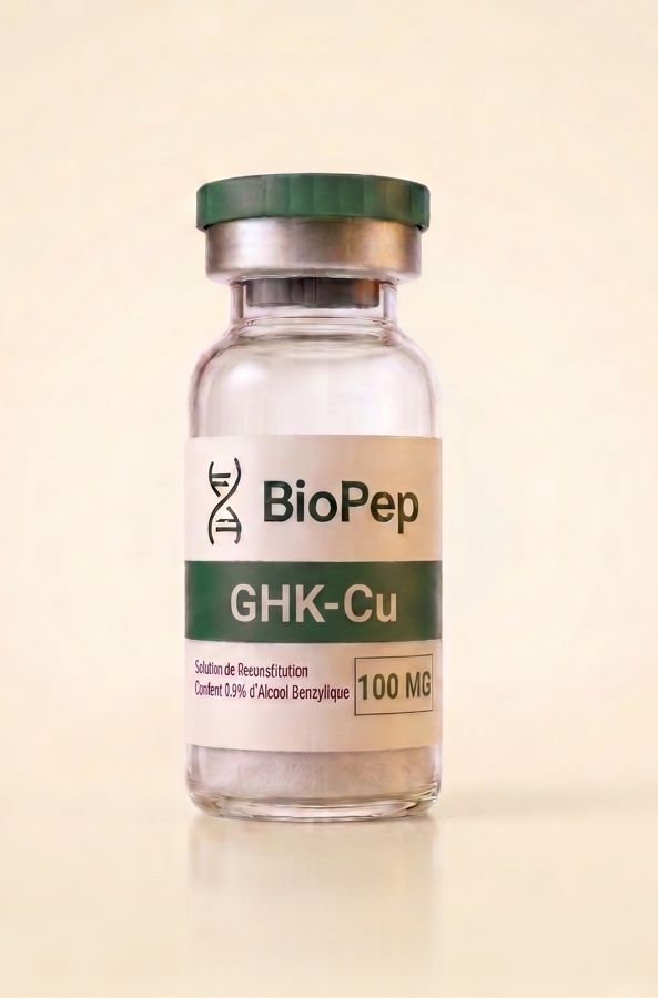 Flacon GHK-Cu 100mg BioPep, étiquette verte, pureté HPLC ≥98%