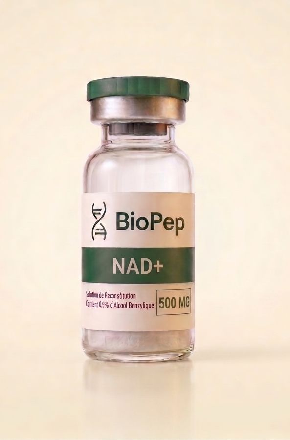 Flacon NAD+ 500mg BioPep, étiquette verte, pureté HPLC ≥98%